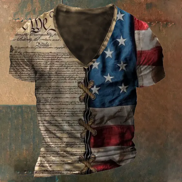 Men's American Flag V Neck Short Sleeve T-Shirt - Elementnice.com 