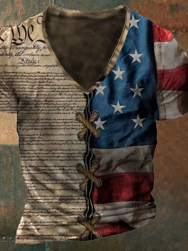 Men's American Flag V Neck Short Sleeve T-Shirt - Menbarn.com 