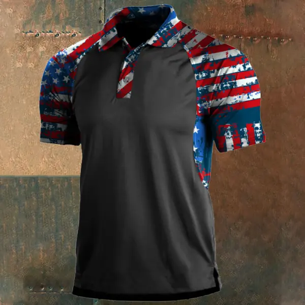 Men's American Flag Patchwork Print Polo Neck T-Shirt - Cotosen.com 