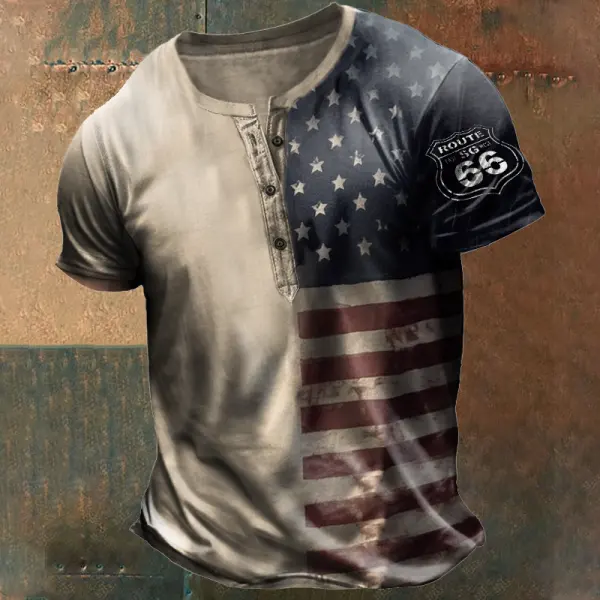 Men's Vintage American Flag Route 66 Print Henley T-Shirt - Elementnice.com 