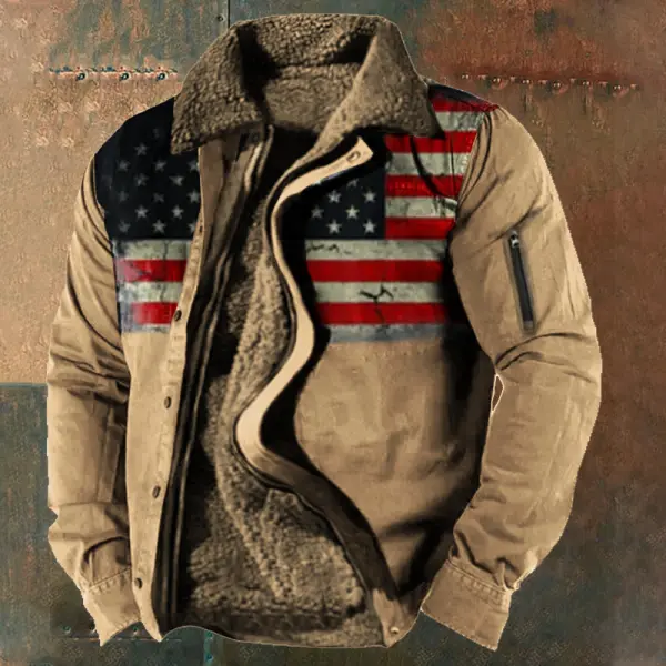 Men's Vintage American Flag Print Lining Plus Fleece Zipper Tactical Shirt Jacket - Elementnice.com 