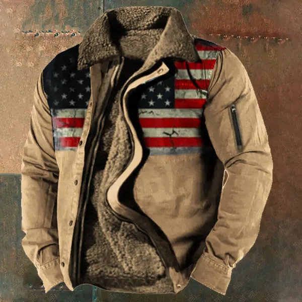 Men's Vintage American Flag Print Lining Plus Fleece Zipper Tactical Shirt Jacket - Menzfolk.com 