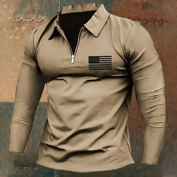 Men's Vintage American Flag Print Zip Lapel Long Sleeve T-Shirt - Elementnice.com 
