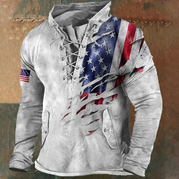 Men's Vintage American Flag Print Outdoor Tactical Lace-Up Hooded T-Shirt - Elementnice.com 