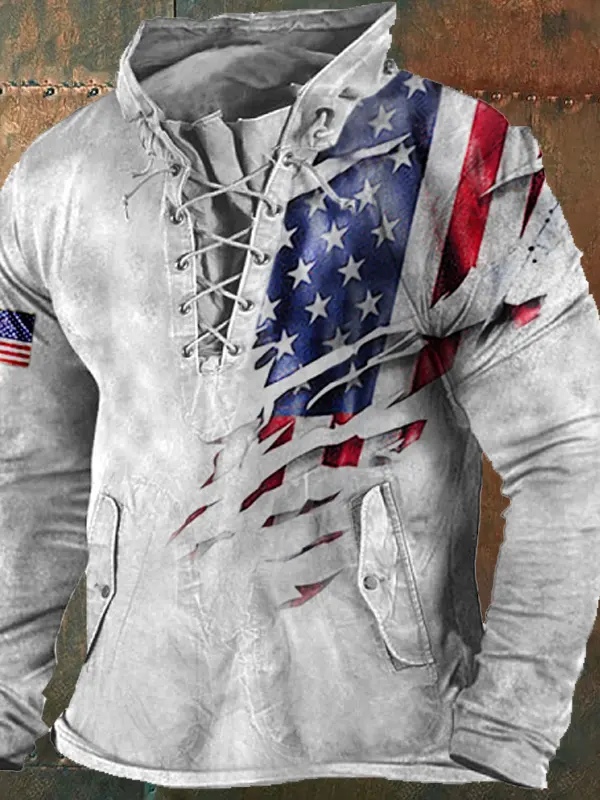 Men's Vintage American Flag Print Outdoor Tactical Lace-Up Hooded T-Shirt - Menbarn.com 