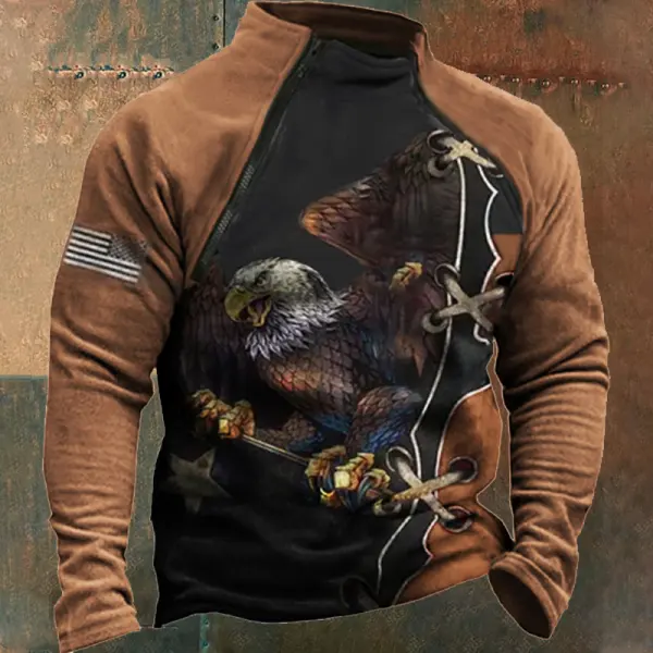 Men's Vintage American Flag Eagle Print Turtleneck Sweatshirt - Elementnice.com 