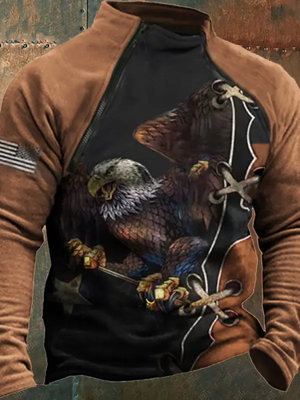 Men's Vintage American Flag Eagle Print Turtleneck Sweatshirt - Menbarn.com 