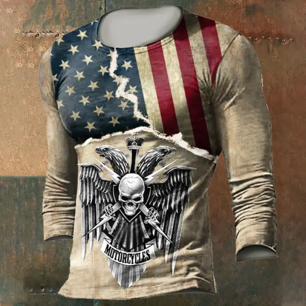 Men's Outdoor American Flag Liberty Eagle Skull T-Shirt - Elementnice.com 