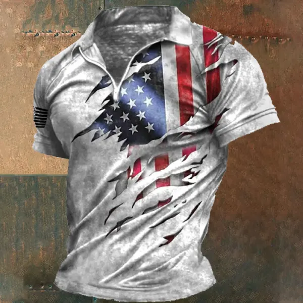 Men's Vintage American Flag Print Zip Lapel T-Shirt - Elementnice.com 