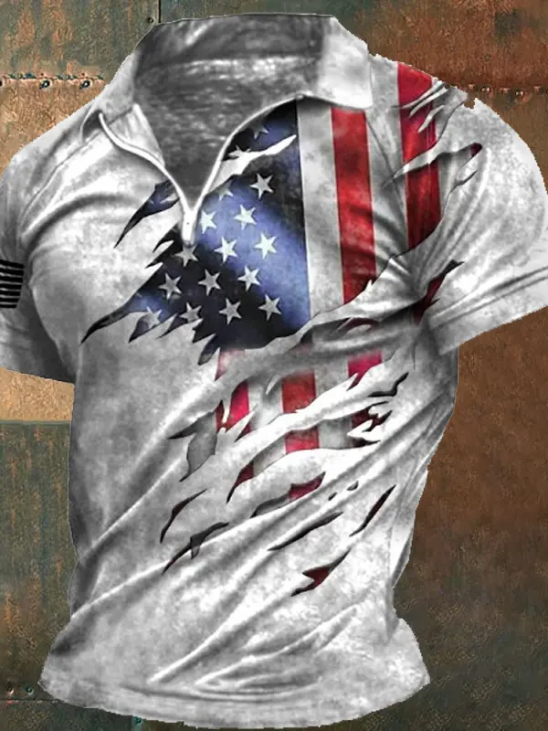 Men's Vintage American Flag Print Zip Lapel T-Shirt - Menbarn.com 