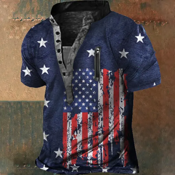 American Flag Print Men's Outdoor Zip Retro Tactical Henley Short Sleeve T-Shirt - Cotosen.com 