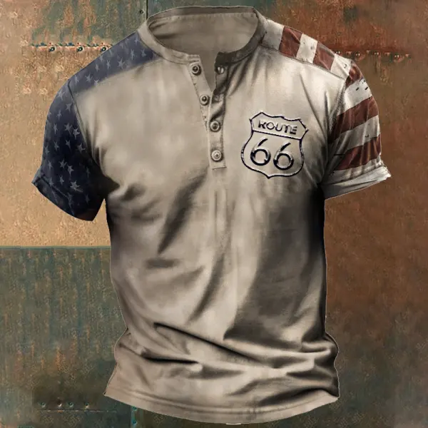Men's Vintage American Flag Route 66 Print Henley T-Shirt - Cotosen.com 