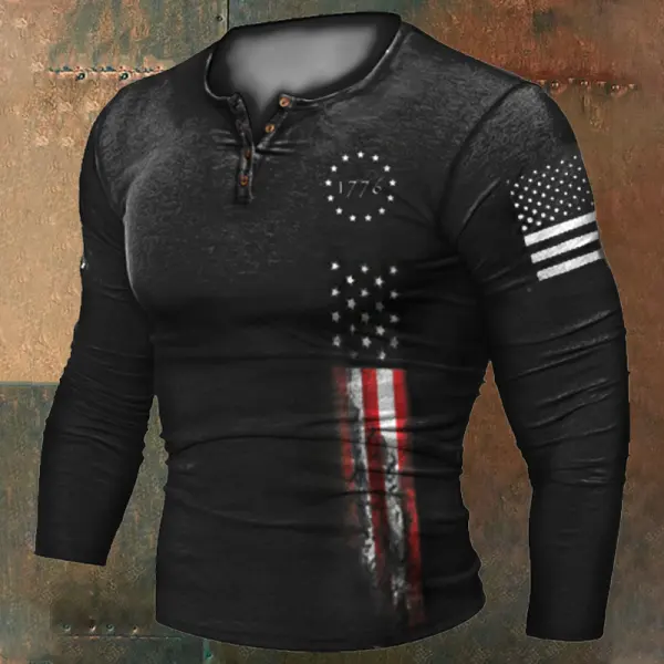 Men's 1776 Independence Day American Flag Print Henley Collar Long Sleeve T-Shirt - Elementnice.com 