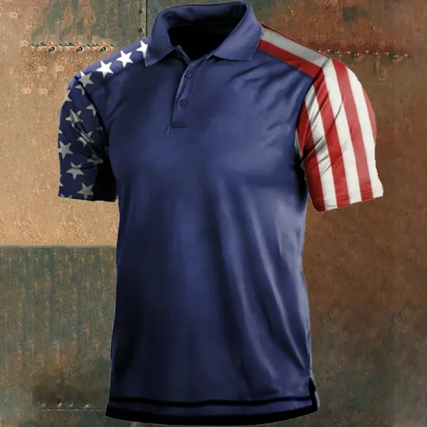 Men's Outdoor American Flag Print Polo Neck T-Shirt - Cotosen.com 