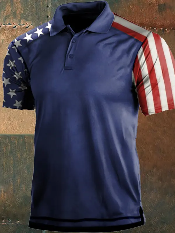 Men's Outdoor American Flag Print Polo Neck T-Shirt - Menbarn.com 