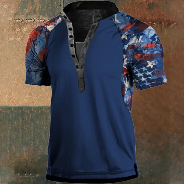 Men's American Flag Print Panel Henley Collar T-Shirt - Cotosen.chimpone.com 