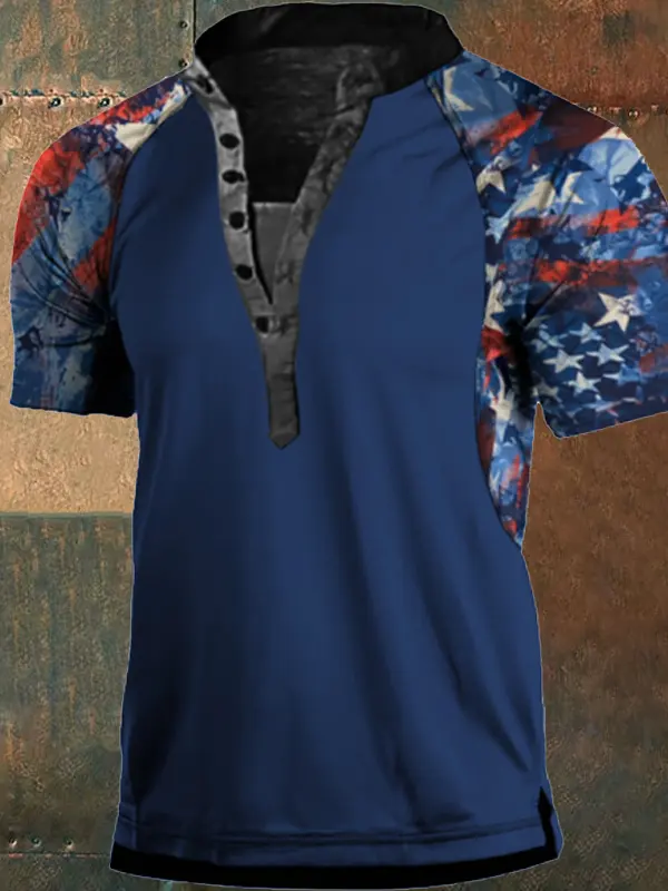Men's American Flag Print Panel Henley Collar T-Shirt - Menbarn.com 
