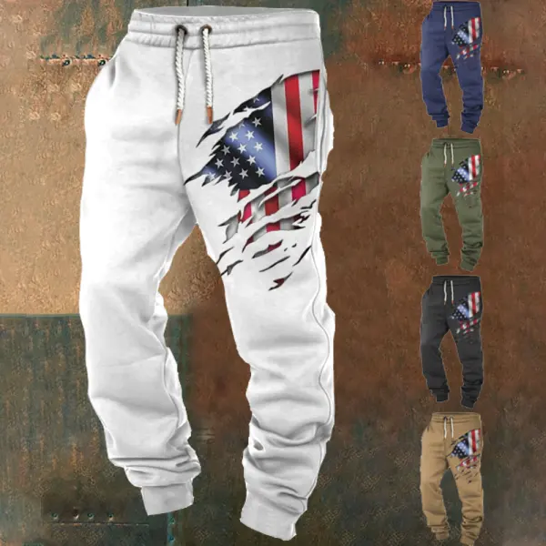 Men's Vintage American Flag Print Pocket Casual Athletic Elastic Waist Trousers - Elementnice.com 