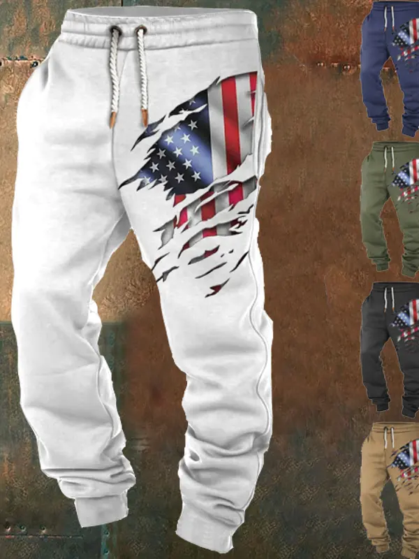 Men's Vintage American Flag Print Pocket Casual Athletic Elastic Waist Trousers - Menwyx.com 