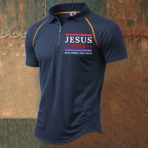Men's Vintage Jesus Make America Pray Again Zipper Polo Collar Contrast Color Short Sleeve T-Shirt - Cotosen.com 