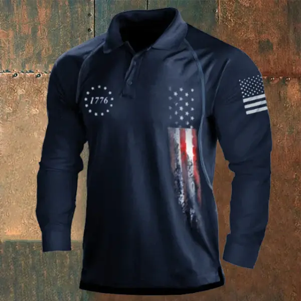 Men's 1776 American Flag Print Long Sleeve Polo Shirt 