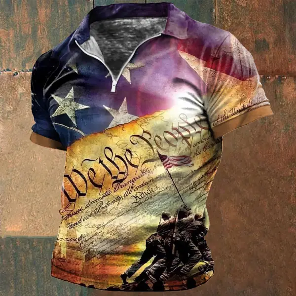 Men's Vintage American Flag Independence Day Zip Polo T-Shirt - Cotosen.com