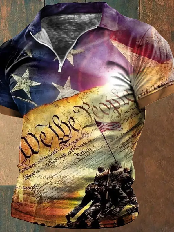 Men's Vintage American Flag Independence Day Zip Polo T-Shirt - Menbarn.com 