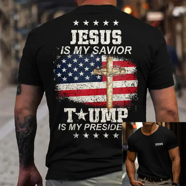 Men's Vintage Jesus Is My Savior American Flag Cross Print Daily Short Sleeve Crew Neck T-Shirt - Manlyhost.com 