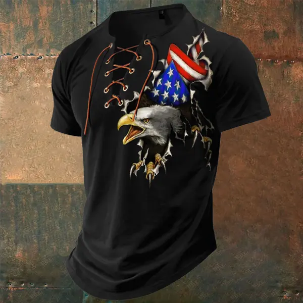 Men's American Flag Eagle Printed Lace-Up Short Sleeve T-Shirt - Cotosen.com 