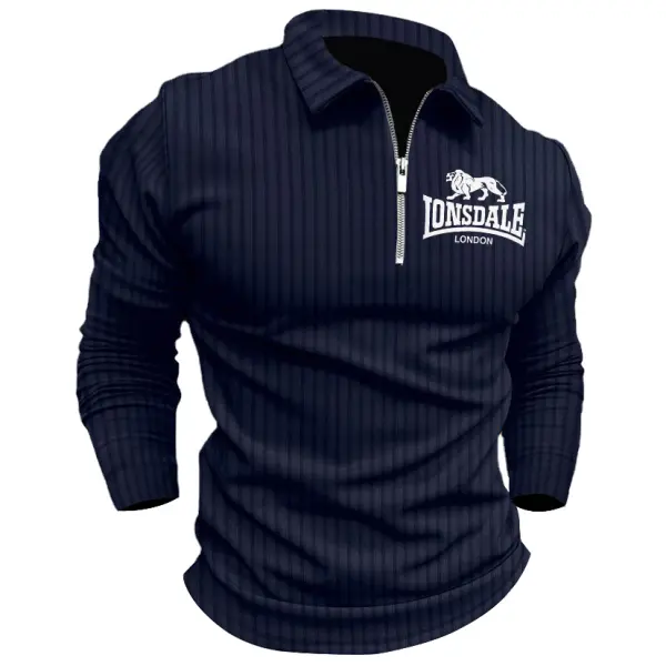 Men's Lonsdale Polo Zip Shirt Stripe Long Sleeve Lapel T-Shirt Casual Fit Tops - Cotosen.com 