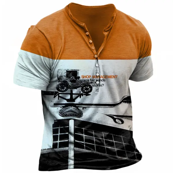 Men's Vintage Henley Motor Age Color Block T-Shirt - Cotosen.com 