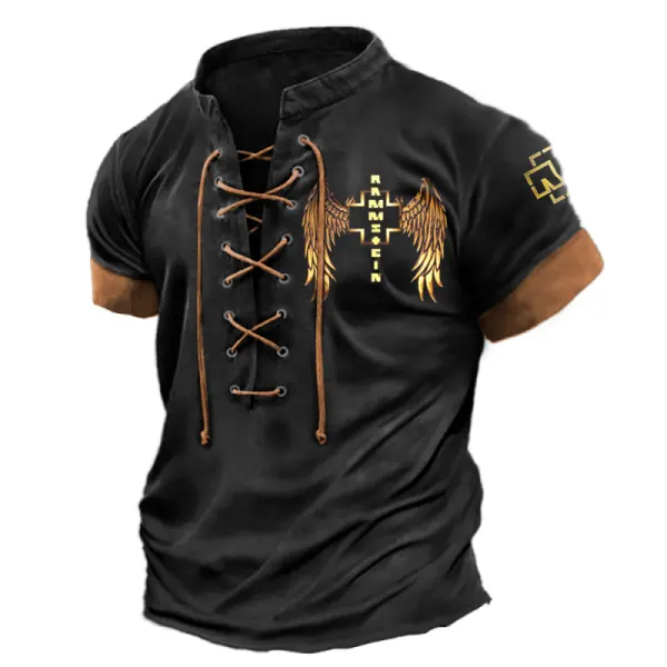 Men's T-Shirt Rammstein Rock Band Wings Vintage Lace-Up Short Sleeve Color Block Summer Daily Tops - Cotosen.com