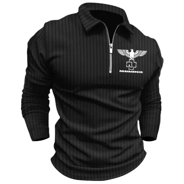 Men's Rammstein Polo Zip Shirt Stripe Long Sleeve Lapel T-Shirt Casual Fit Tops - Dozenlive.com 