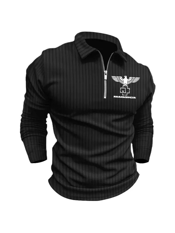 Men's Rammstein Polo Zip Shirt Stripe Long Sleeve Lapel T-Shirt Casual Fit Tops - Timetomy.com 