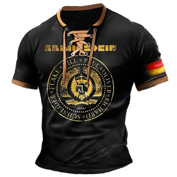 Men's T-Shirt Rammstein Rock Band German Flag Vintage Lace-Up Short Sleeve Color Block Summer Daily Tops - Elementnice.com 