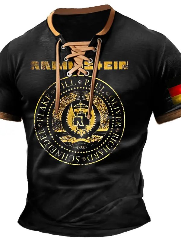 Men's T-Shirt Rammstein Rock Band German Flag Vintage Lace-Up Short Sleeve Color Block Summer Daily Tops - Menwyx.com 