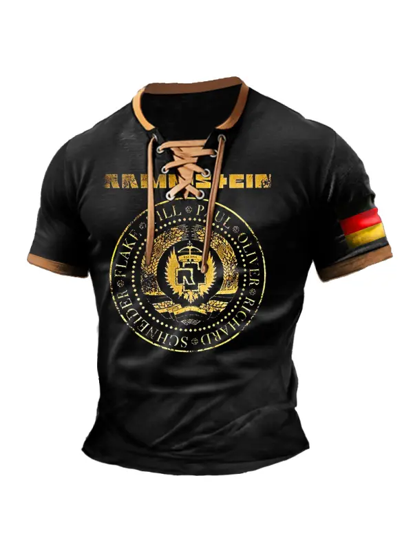Men's T-Shirt Rammstein Rock Band German Flag Vintage Lace-Up Short Sleeve Color Block Summer Daily Tops - Timetomy.com 
