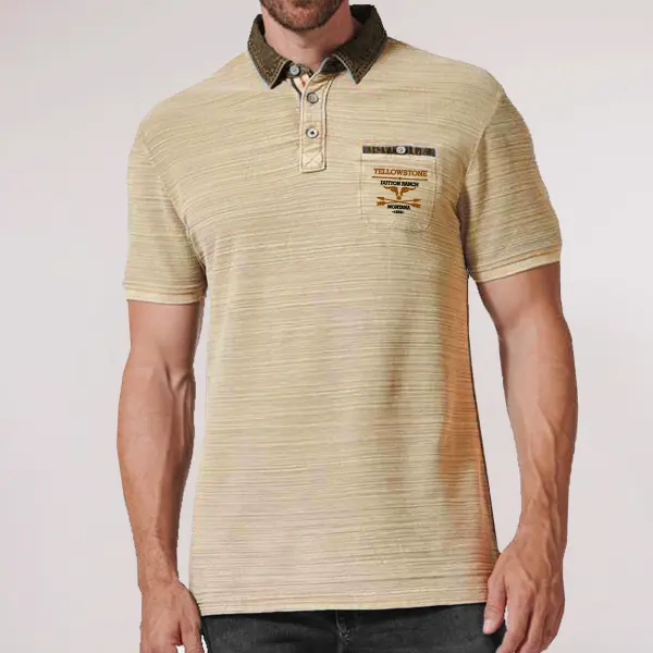 Men's Yellowstone Printed Denim Patchwork Polo Short Sleeve T-Shirt - Elementnice.com 