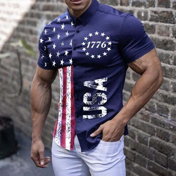 Men's Vintage American Flag Button-up Short Sleeve Shirt - Rabclub.com 