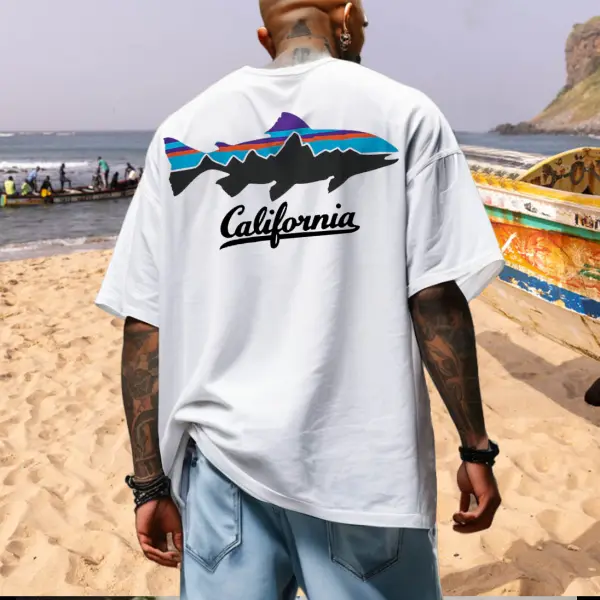 Men's California Surf Beach Loose Short Sleeve Oversized T-Shirt - Elementnice.com 