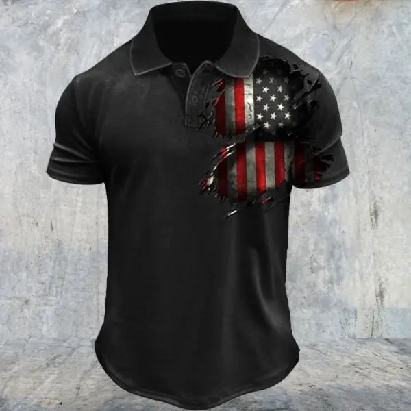 Men's Vintage Polo Collar Wall Cracked American Flag T-Shirt - Cotosen.com 