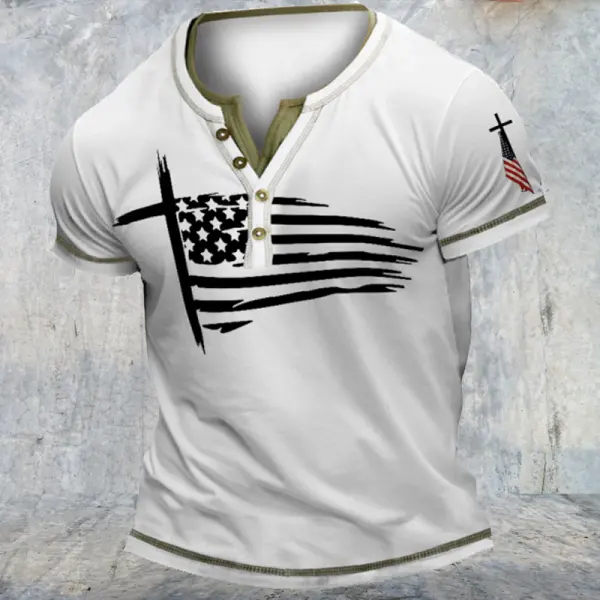 Men's T-Shirt American Flag Cross Patriotic Vintage Pocket Henley Color Block Short Sleeve Summer Daily Tops - Cotosen.com 
