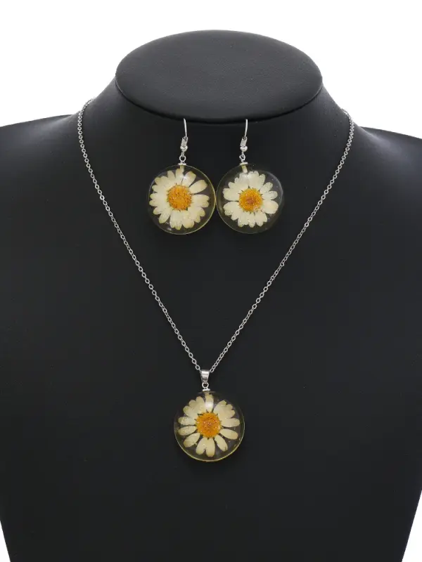 Mother's Day Wear Gift Sunflower Dried Flower Resin Necklace Earrings Jewelry Set Summer Plant Flowers - Pragmaace.com 