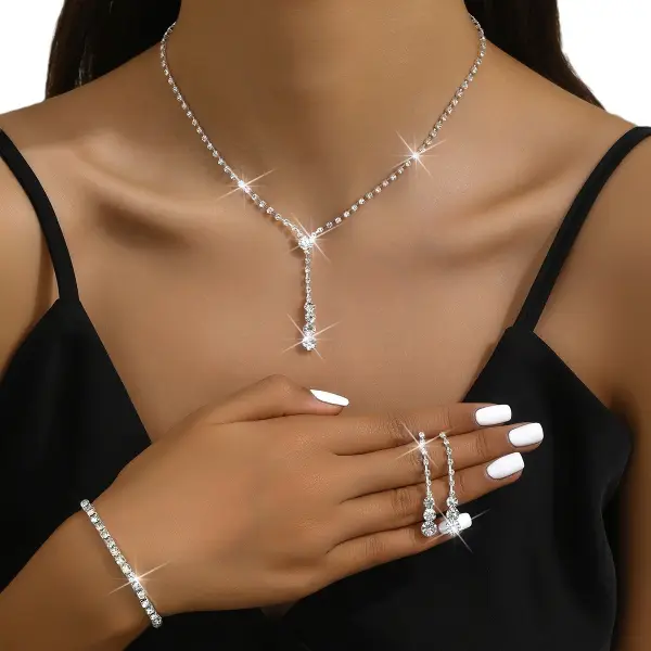 Mother's Day Gift For Girlfriend Fashionable Necklace Earrings Bracelet Set With Water Drop Diamonds And Chain - Elementnice.com 