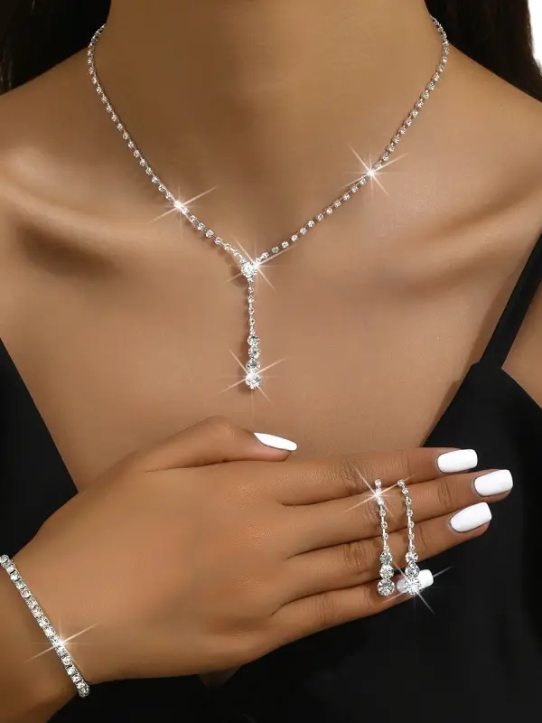 Mother's Day Gift For Girlfriend Fashionable Necklace Earrings Bracelet Set With Water Drop Diamonds And Chain - Wantbright.com 