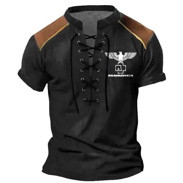 Rammstein Rock Band Men's T-Shirt Vintage Lace-Up Stand Collar Short Sleeve Color Block Summer Daily Tops - Cotosen.com