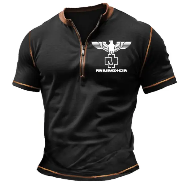 Men's Vintage Rammstein Rock Band Color Block Zipper Henley Collar T-Shirt - Cotosen.com