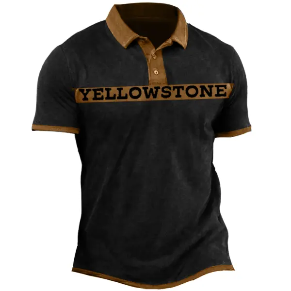 Men's Retro Yellowstone Print Color Block Polo - Manlyhost.com 