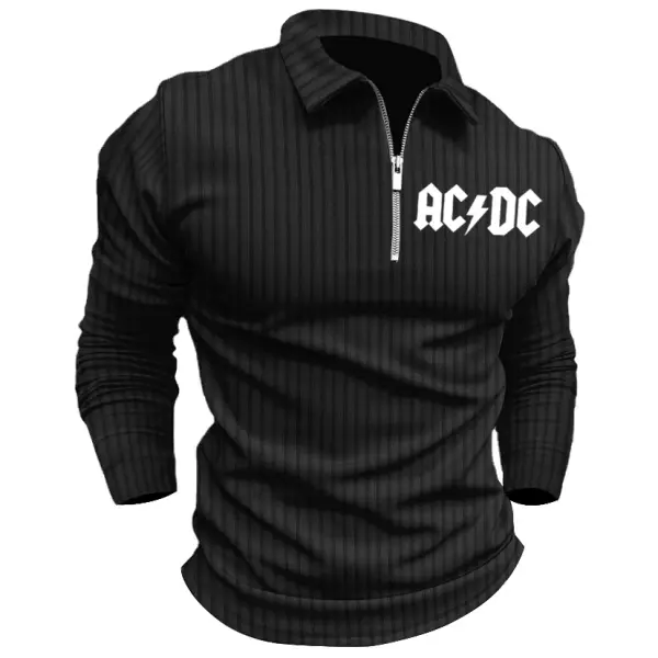 Men's ACDC Rock Band Stripe Print Polo Zip Shirt Long Sleeve Lapel T-Shirt Casual Fit Tops - Manlyhost.com 