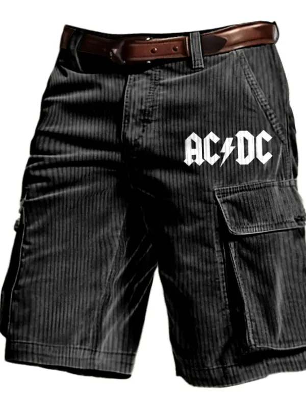 Men's Corduroy ACDC Rock Band Print Outdoor Vintage Multi Pocket Shorts - Menwyx.com 